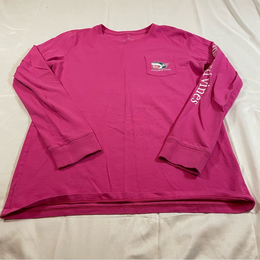 Vineyard Vines Pink Elf Whale Merry Christmas Long Sleeve Pocket Tee L 14/16